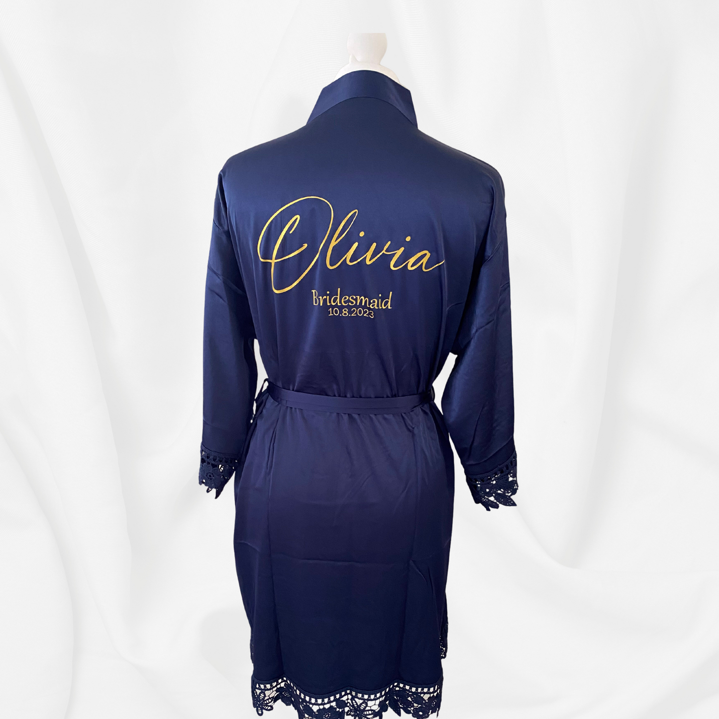 matching personalised Navy robes for bridesmaid with name and date on the back