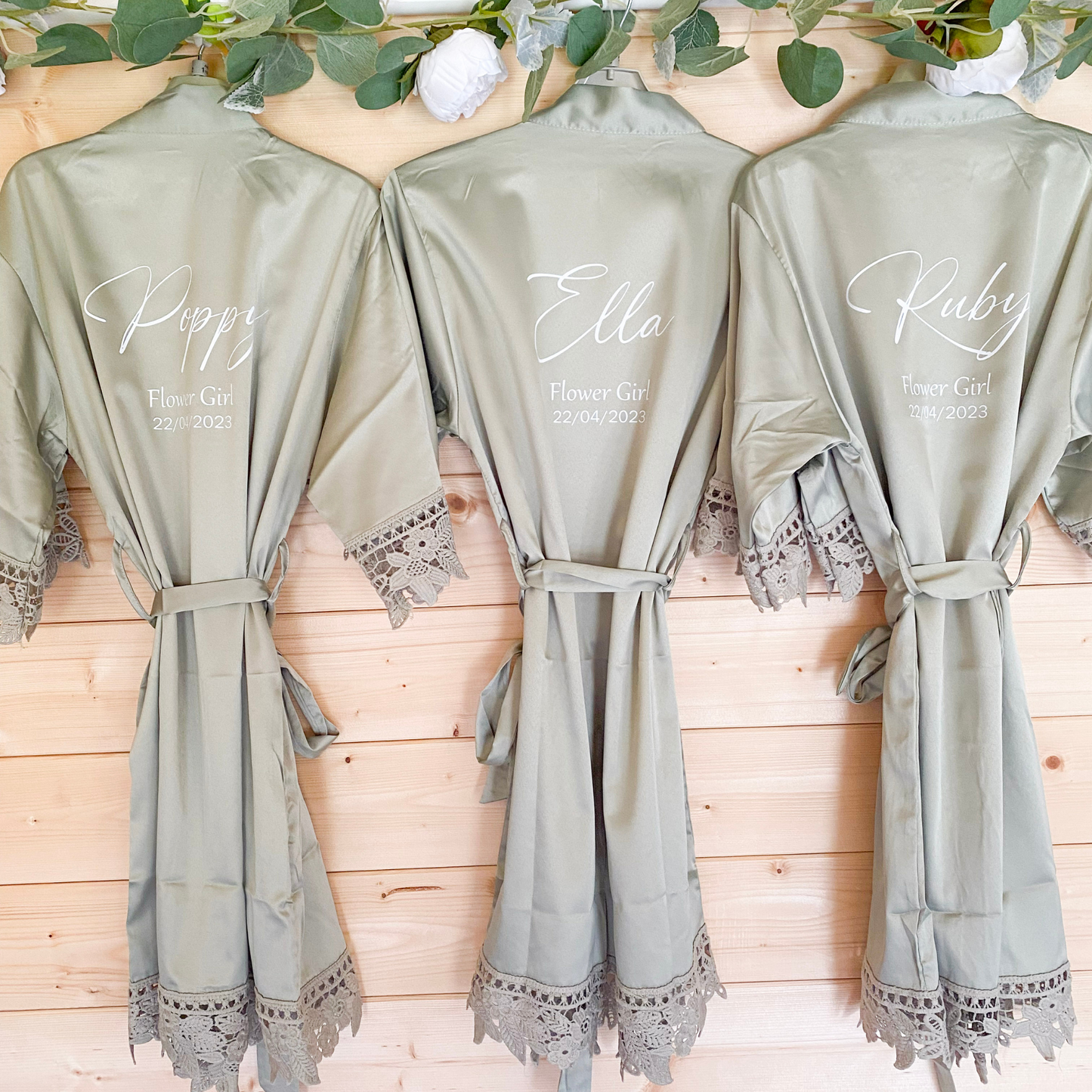 sage green matching bridesmaids robe with lace trim. Personalised with a name, wedding role and date.