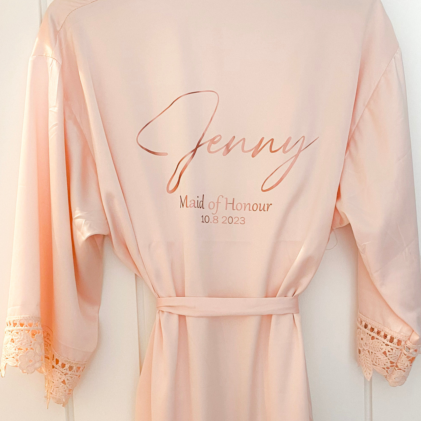 Blush Pink satin robe for maid of honour. Personalised with name, wedding role and date.