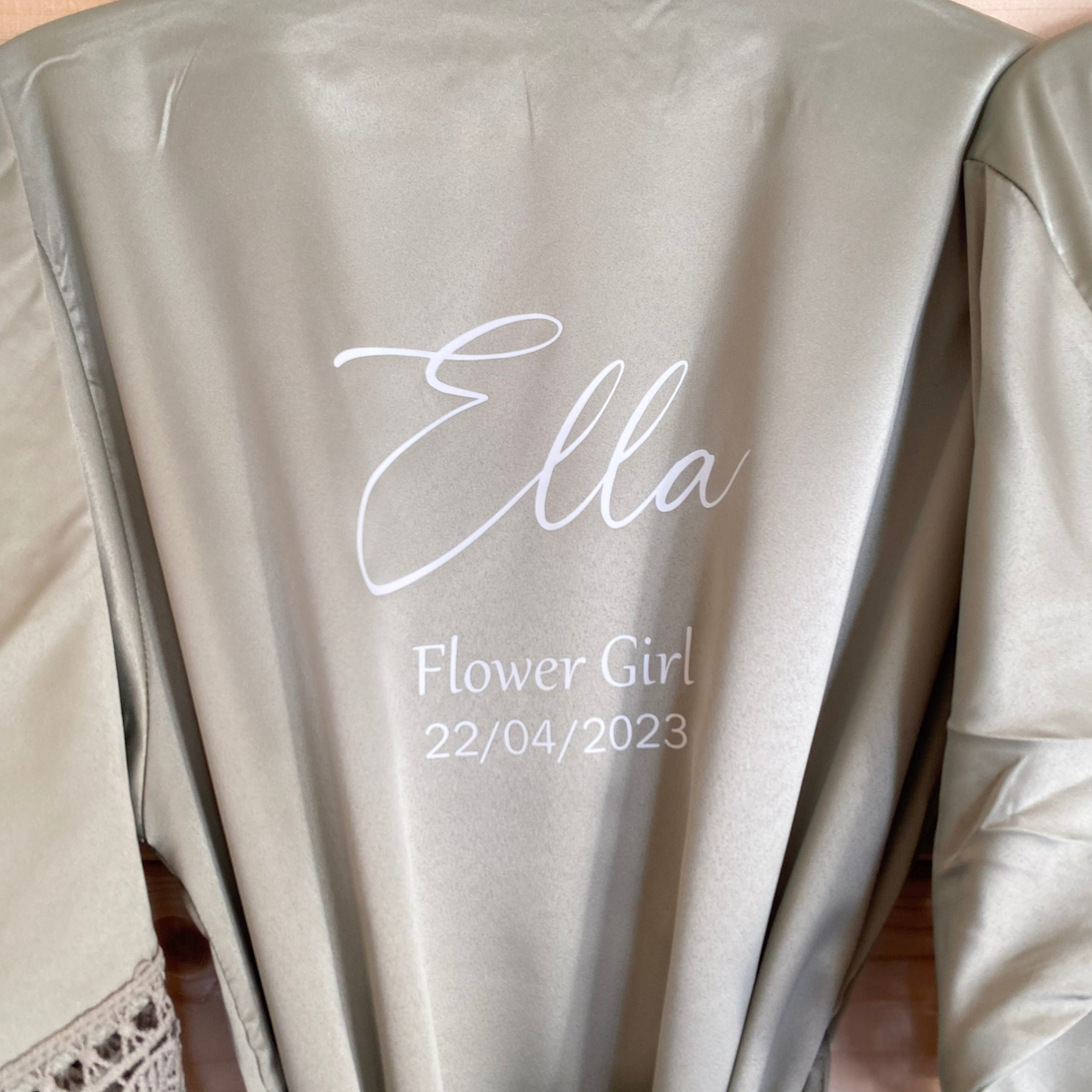 sage green robe for flower girl, personalised with name and date