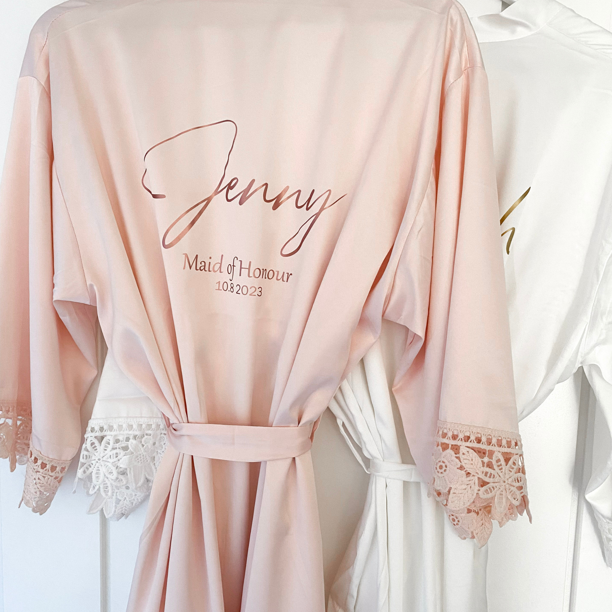 Blush Pink satin robe for maid of honour. Personalised with name, wedding role and date.