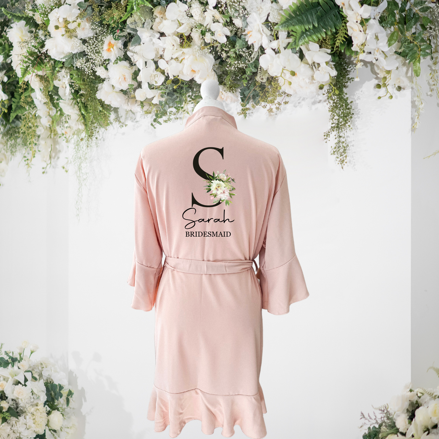 Ruffle Hem Robe with floral initial