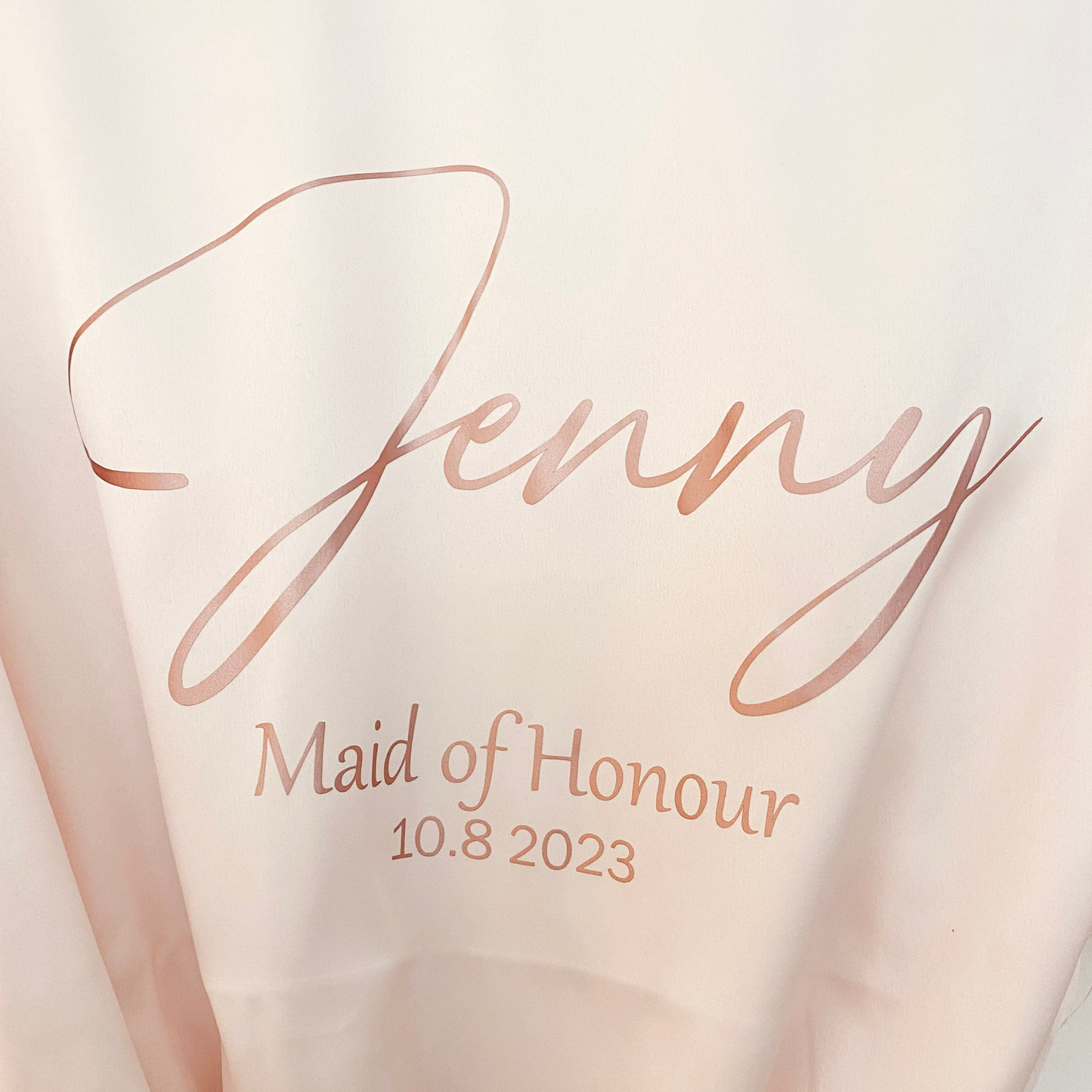 Blush Pink satin robe for maid of honour. Personalised with name, wedding role and date.