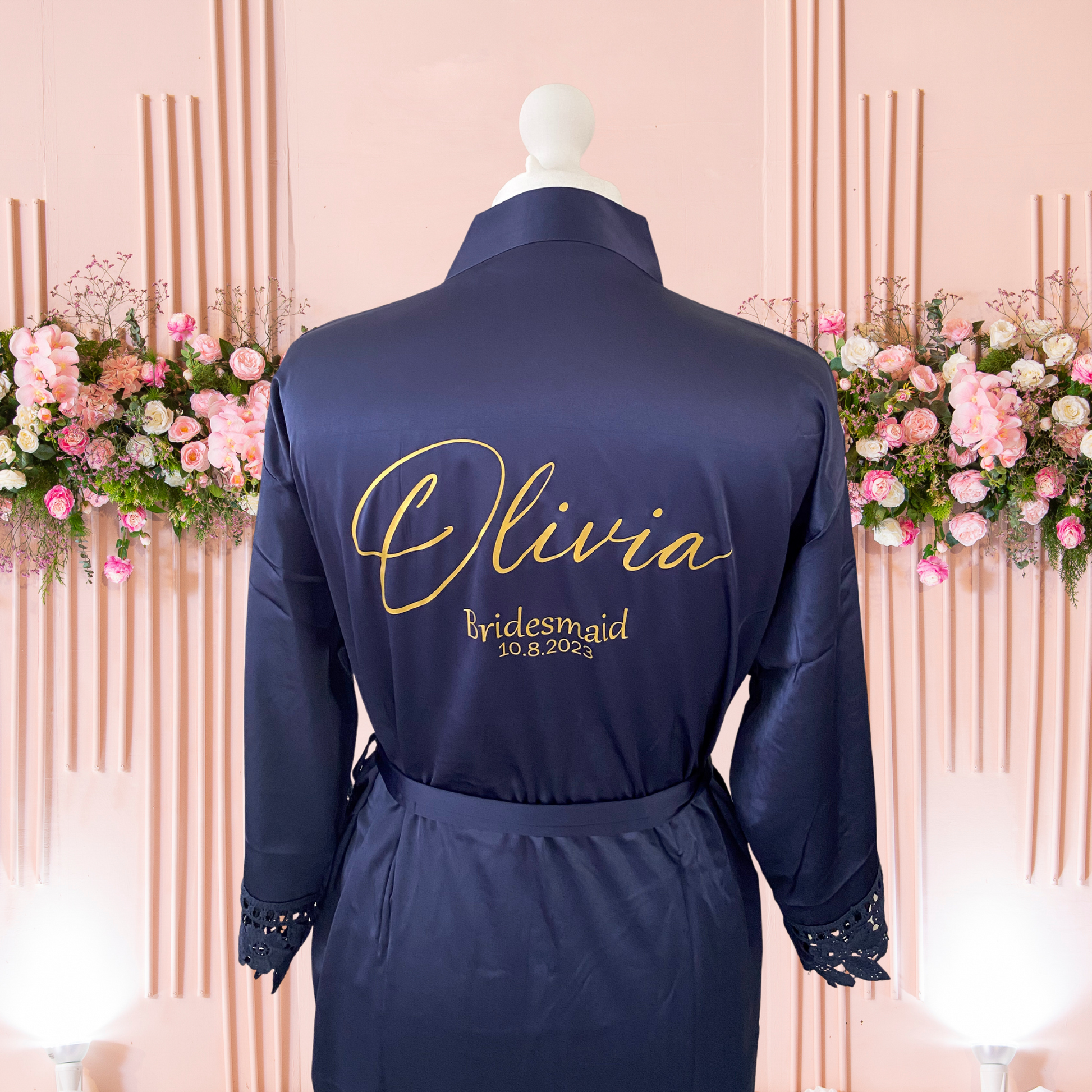 Navy blue satin bridal party robe. Personalised with name and date