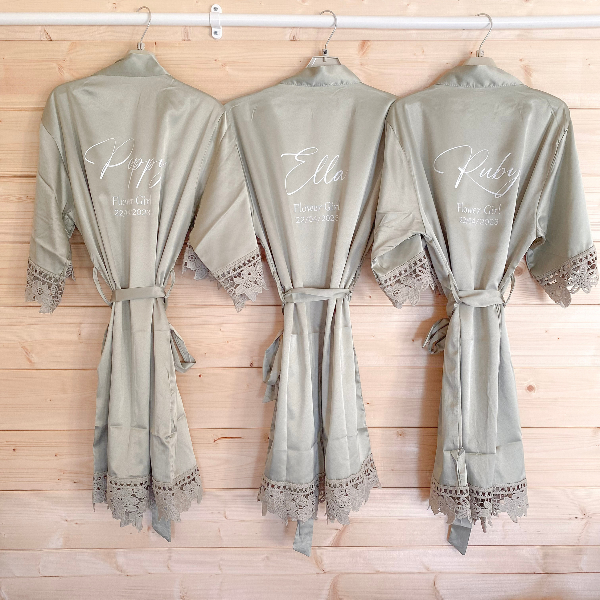 sage green matching bridesmaids robe with lace trim. Personalised with a name, wedding role and date.