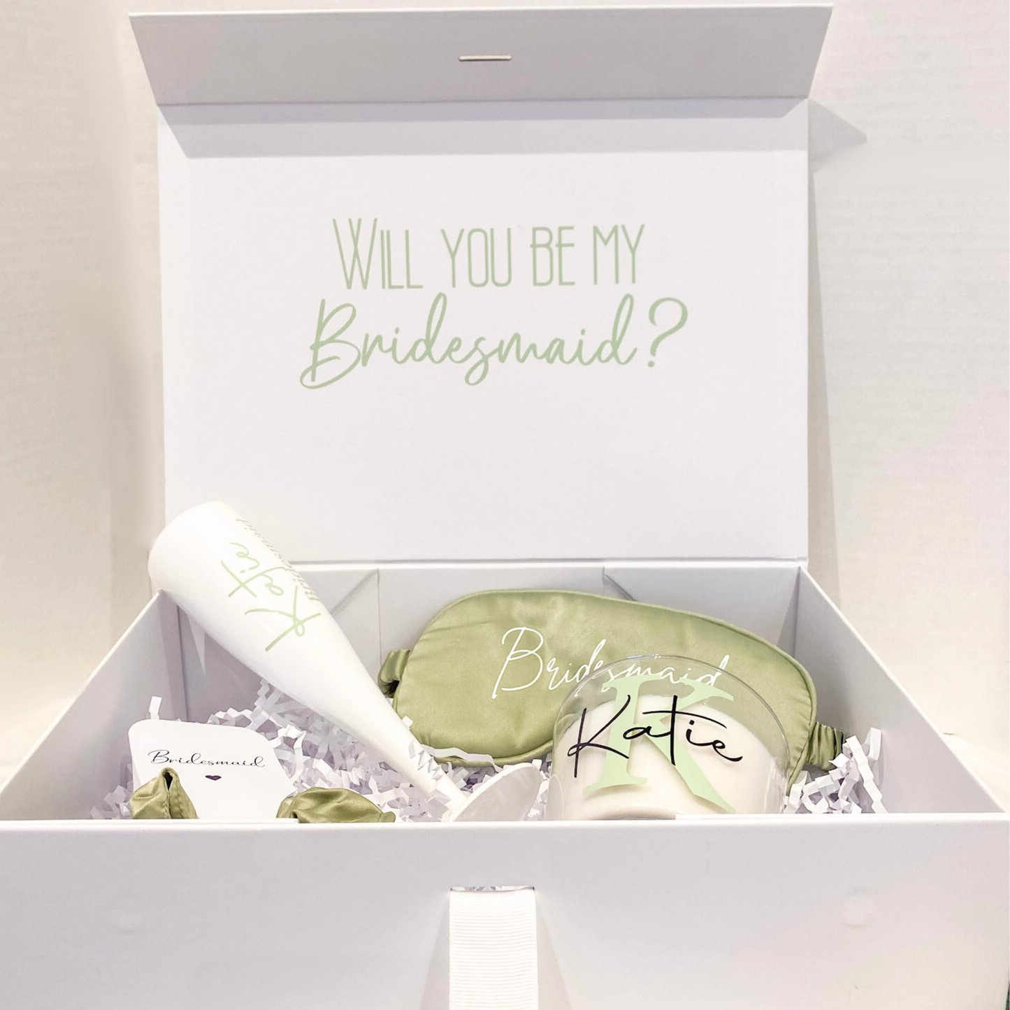 sage green bridesmaid proposal box with flute, scrunchie, eye mask & Candle