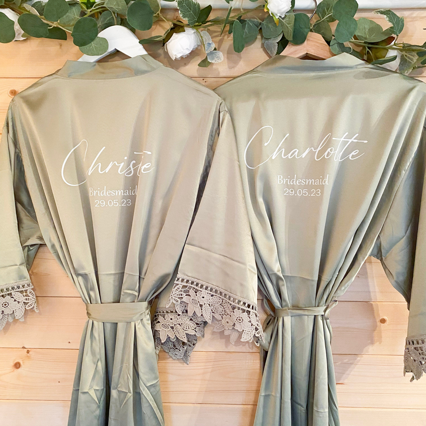 sage green matching bridesmaids robe with lace trim. Personalised with a name, wedding role and date.