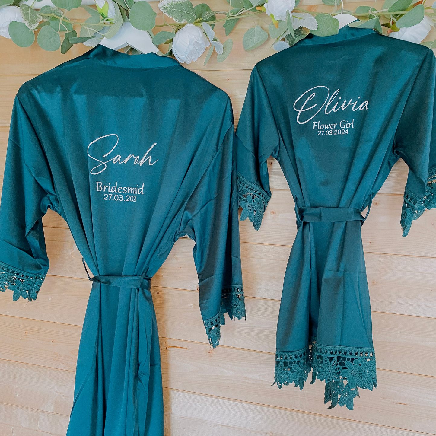 forest green personalised bridal party robes for kids and adults