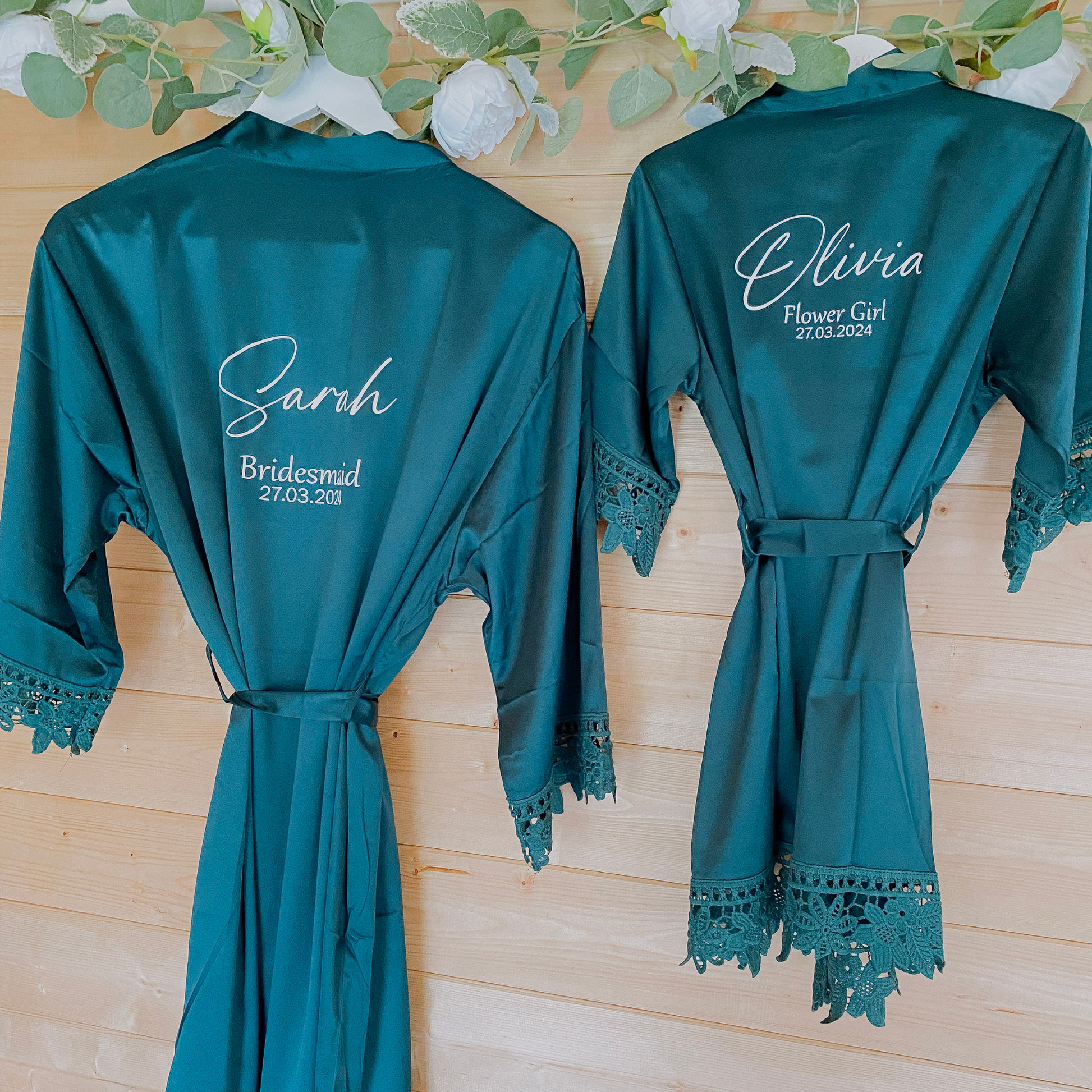 forest green personalised bridal party robes for kids and adults