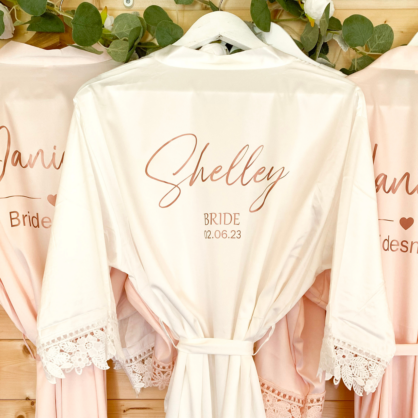 Blush Pink satin robe for maid of honour. Personalised with name, wedding role and date.