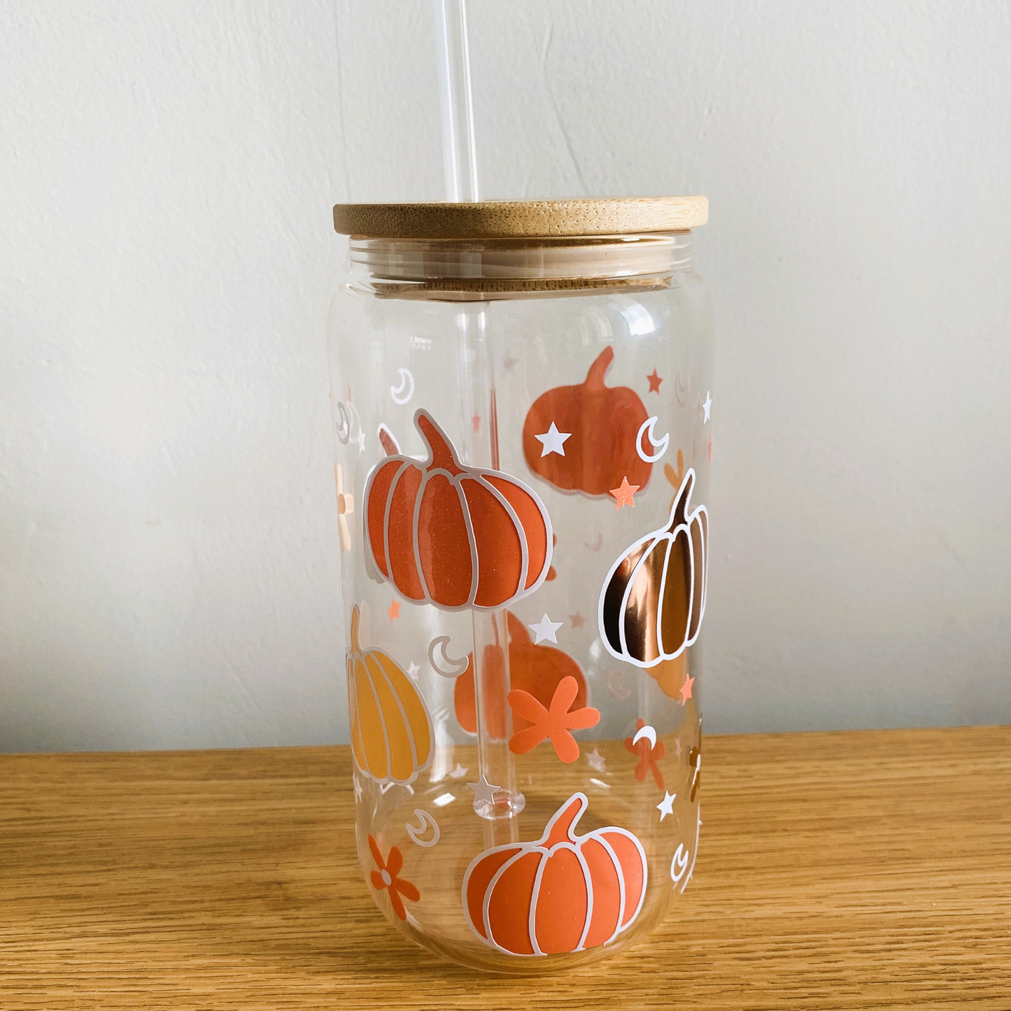 Pumpkin glass can with bamboo lid and straw