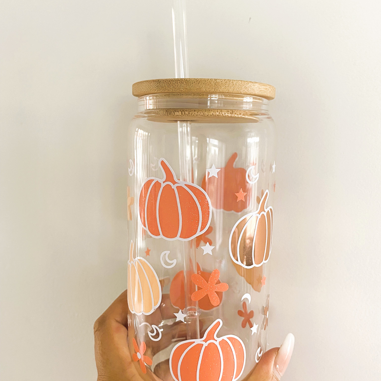 Pumpkin glass can with bamboo lid and straw