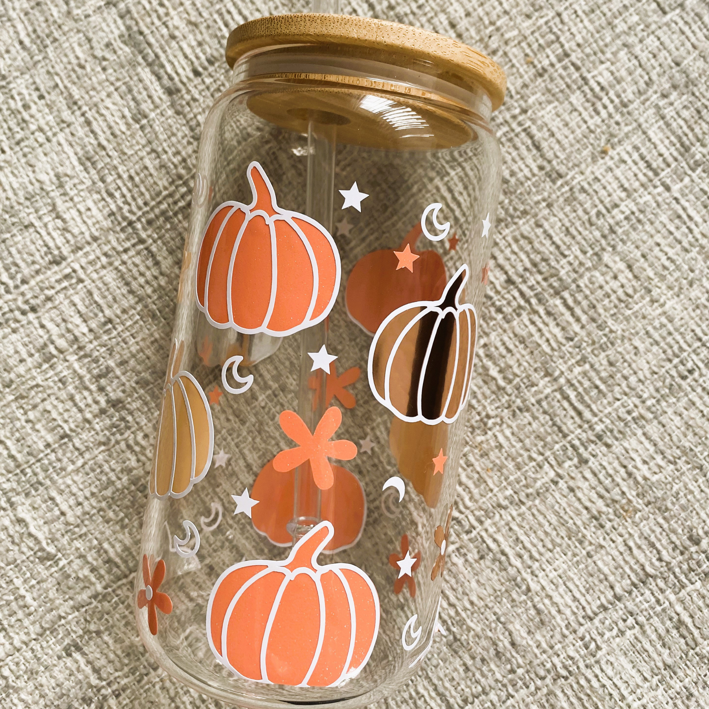 Pumpkin glass can with bamboo lid and straw