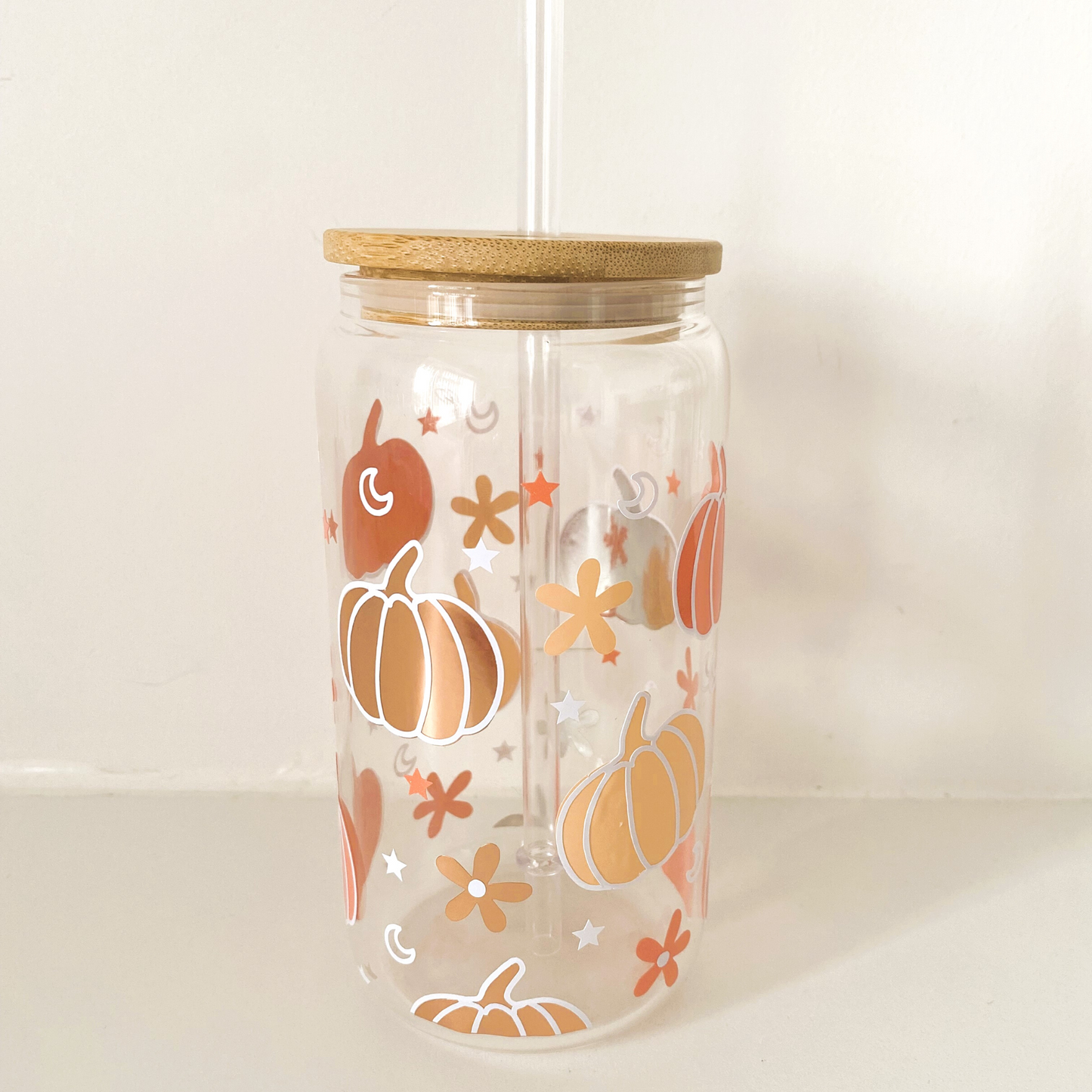 Pumpkin glass can with bamboo lid and straw