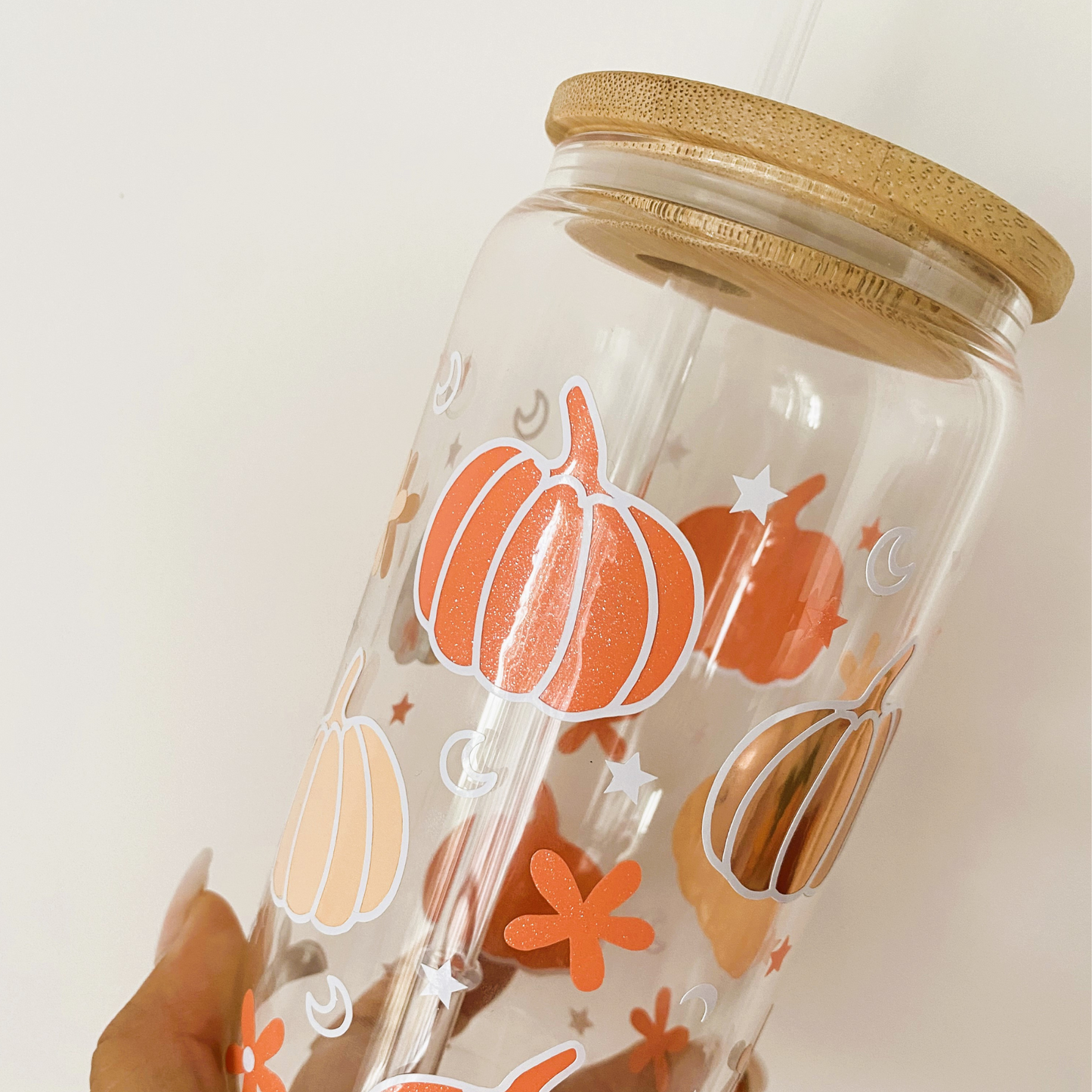 Pumpkin glass can with bamboo lid and straw