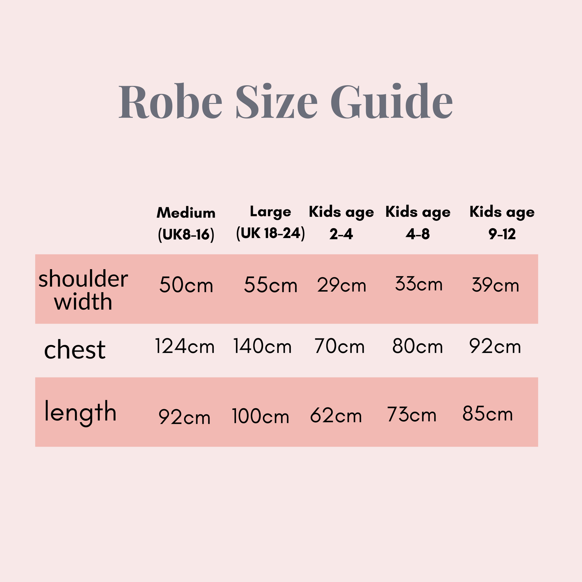 size chart for personalised bridal party robes