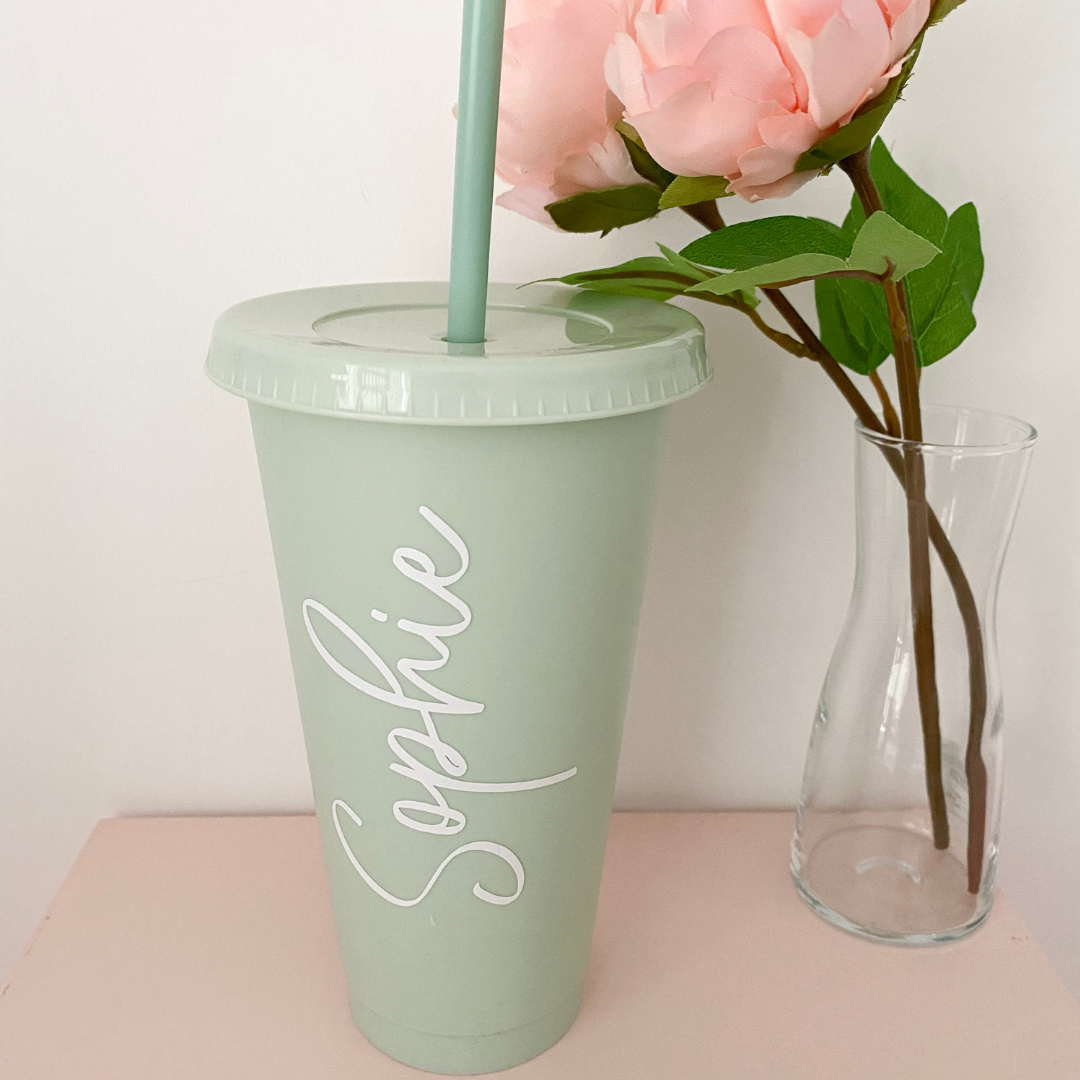 24oz sage green reusable plastic cold cup with lid and straw. Ideal sage bridesmaid gift