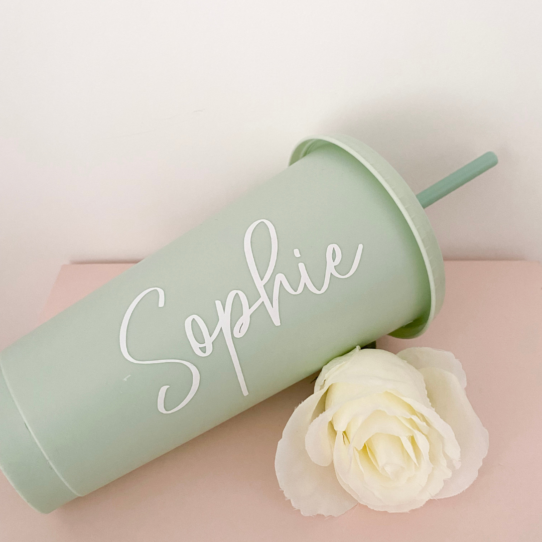 24oz sage green reusable plastic cold cup with lid and straw. Ideal sage bridesmaid gift