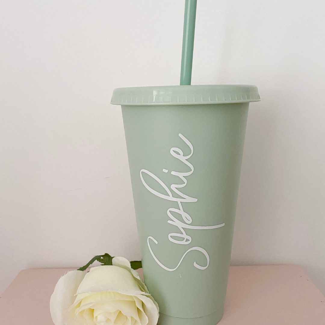 24oz sage green reusable plastic cold cup with lid and straw. Ideal sage bridesmaid gift